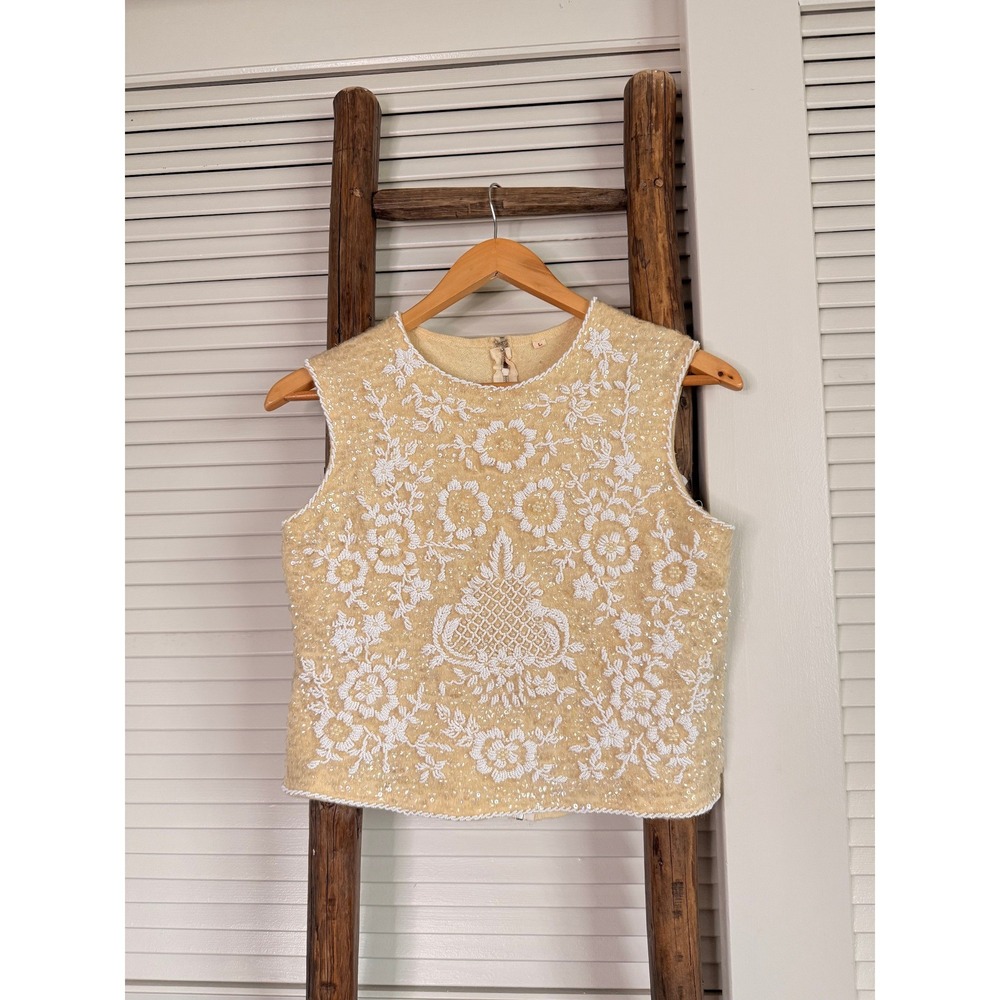 Vintage Beaded Sequin Shell Top Womens L Yellow  Floral Sleeveless